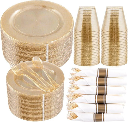 WELLIFE 210Pcs Gold Glitter Dinnerware Set, Gold Glitter Disposable Dinnerware for 30 Guests, Include: 30Dinner Plates, 30Dessert Plates, 90Gold Glitter Silverware, 30 Cups, 30 Paper Napkins