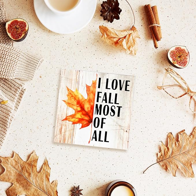 Funny Autumn Maple Leaves Wood Box Sign I Love Fall Most Of All Wooden Block Desk Decor for Home Office Kitchen Cubicle Table Shelf Tabletop,Farmhouse Fall Sign Decor