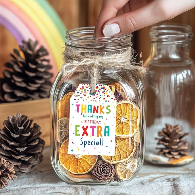 Thank You Tags, 50PCS Thanks for Making My Birthday Extra Special! Colorful Gift Tags with Jute Twine for Birthday Parties, Gift Wrapping, and Party Favors (2.2"x3.3")