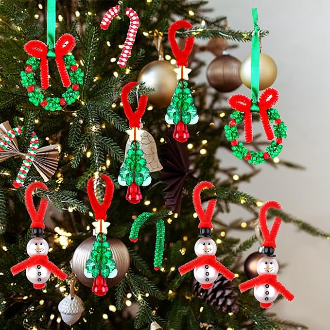 Droutti 40 Pcs Christmas Beaded Ornament Kit Xmas DIY Beaded Craft Wreath Snowman Xmas Tree Candy Cane Hanging Ornaments Christmas Crafts for Kids Adults Christmastree Decorations Party Supplies