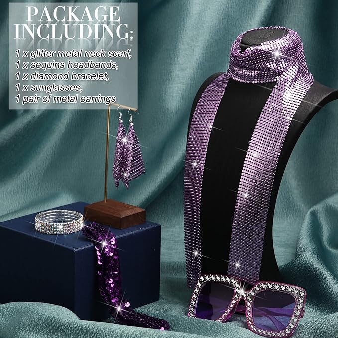 Sasylvia 5 Pcs 70s Disco Accessories Halloween Women Costume Jewelry Sequin Scarf Earrings Sunglasses Bracelet Headband