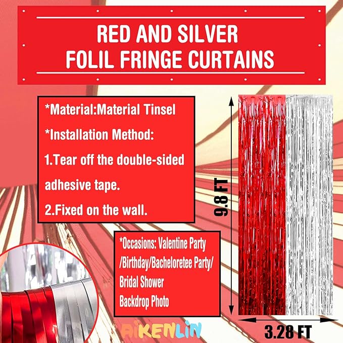 4 Pack 3.2Ft x 9.8Ft Silver Red Foil Fringe Curtain Backdrop, Metallic Tinsel Foil Fringe Streamers Curtains Background for Photo Booth, Wedding, Circus Welcome Carnival Birthday Party Decoration