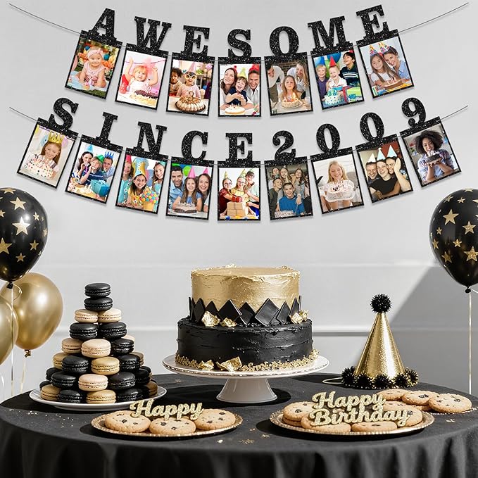 Pre-strung Awesome Since 2009 Photo Banner Birthday Decorations for Girls Boys- Black Glitter Sweet 16th Birthday and Anniversary Decorations Party Supplies