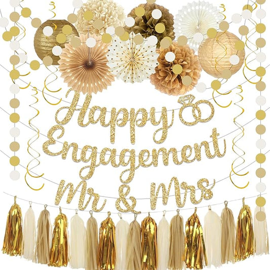Engagement Party Decorations,Champagne-Gold Sage Congratulations Decorations includes Gold Glitter Happy Engagement Banner for Just Engaged Almost Married Party, Bachelorette Party Decorations