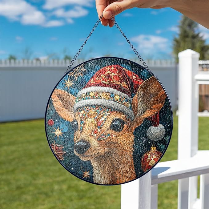 Deer Stained Glass Window Hanging - Deer Christmas Hanging Ornament - Deer Christmas Decor - Wall Decor for Indoor Outdoor - Xmas Gifts for Mom, Grandma