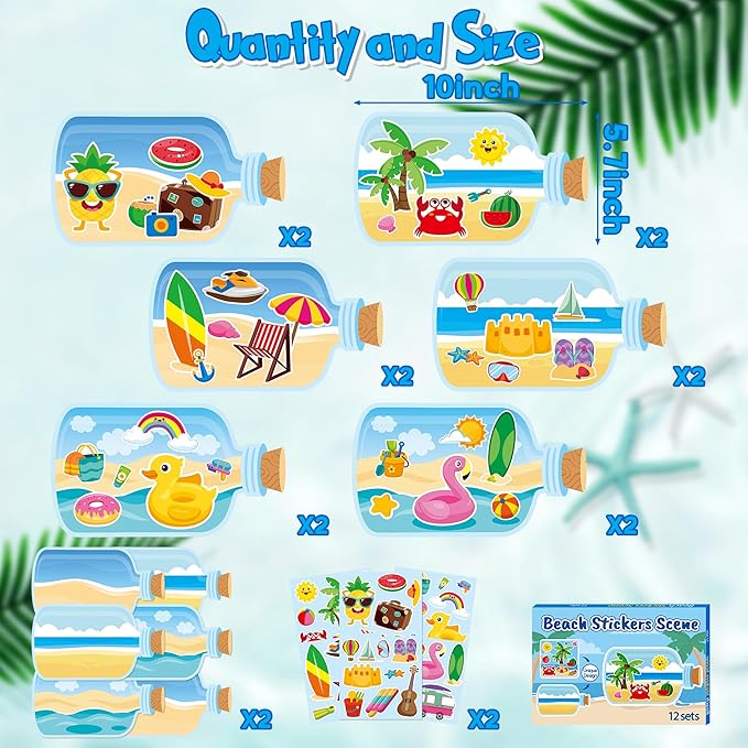 CY2SIDE Summer Beach Stickers - 12PCS Summer Drifting Bottles Sticker Art Craft for Kid Make Your Own Beach Sticker Scene with Pineapple Flamingo DIY Hawaii Party Game Class Fun Activities