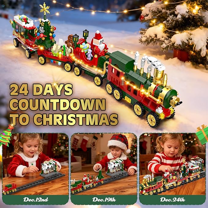 Shemira Advent Calendar 2025 Christmas Train Building Toy Set with Lights, 24 Days Christmas Countdown Calendar Building Blocks, Xmas Gifts Toys Decoration for Kids Teens Adults Boys Girls, 1122 PCS