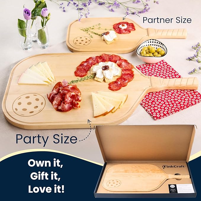 Pickleball Charcuterie & Cutting Board, Pickleball Gift, Partner Size - 17 x 8.5 x 0.75”, Birch Wood, Paddle Shape with Handle, Mineral Oil Finish