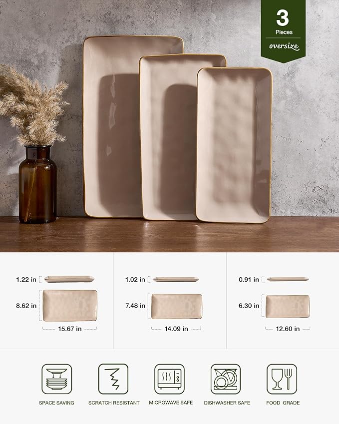 famiware Serving Platter, Rectangular 15.67/14.1/12.6 inch Serving Dishes for Entertaining, Microwave Dishwasher Safe, Stonware Serving Trays for Party, Turkey, Cheese, Ocean Series, Cinnamon Brown