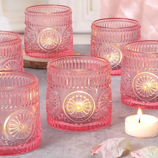 6Pcs Large Votive Candle Holders Pink Glass Tealight Candle Holders for Wedding, Table Centerpiece, Party, Birthday, Home Decor