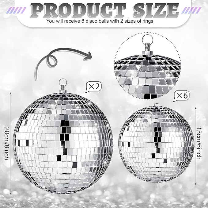 Haull 8 Pcs Large Disco Ball Set Silver Mirror Disco Reflective Ball with Hanging Ring Party Ornament Decoration for Stage Club Ballroom Dance Hall Wedding Prom Props(8'', 6'')
