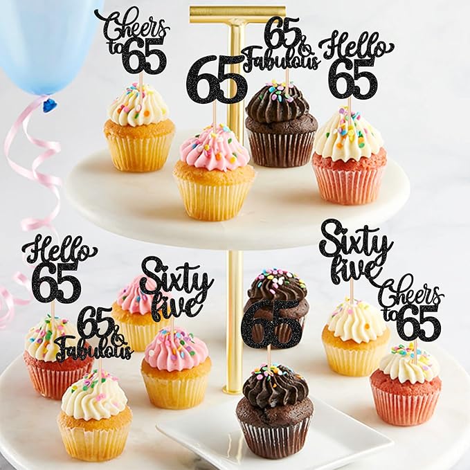 30PCS Happy 65th Birthday Cupcake Toppers Glitter Hello 65 Fabulous Sixty Five Cheers to 65 Years Old Birthday Cupcake Picks for Happy 65th Birthday Anniversary Party Cake Decorations Supplies Black