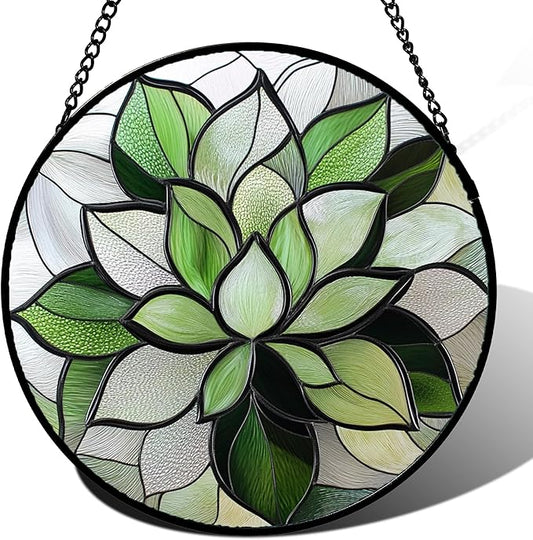 Stained Glass Window Hanging - Green Succulent Plants Suncatcher for Doors Garden Patio Floral Sun Catchers Decor Christmas Mother's Day Birthday Gifts for Women Men Mom Nana Friend 11.8 in