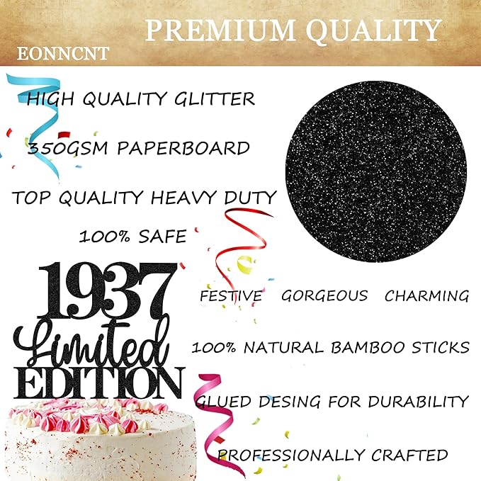 Limited EDITION 1937 Cake Topper - Black Glitter Happy 88th Birthday Party Cake Decoration Supplies, Cheer to 88 Years Cake Bunting Decor for 88th Birthday Party Photo Booth Props