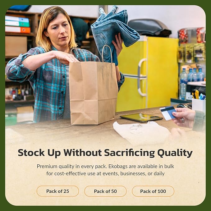 EKOBAGS Granvia | 10x7x12 inches | 100-Pack Kraft Paper Gift Bags with Handles | 115 GSM Brown Paper Bags for Small Business, Shopping & Party Favors | Recyclable | Holds up to 13.8L/8 lbs