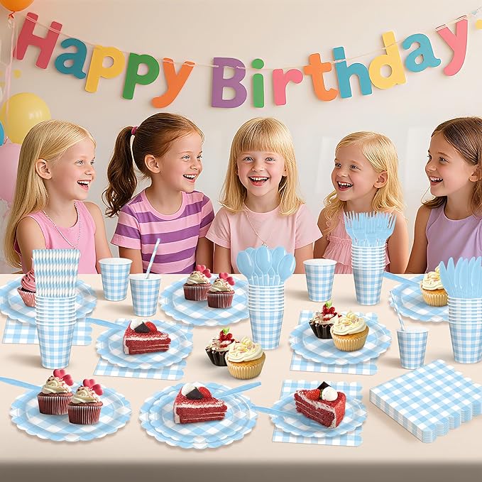 192 PCS Gingham Party Supplies Serve 24 Guests Gingham Plates and Napkins and Cups for Birthday Decorations Baby Shower Checkered Party Supplies Dinnerware Sets for Girl Boy Light Blue
