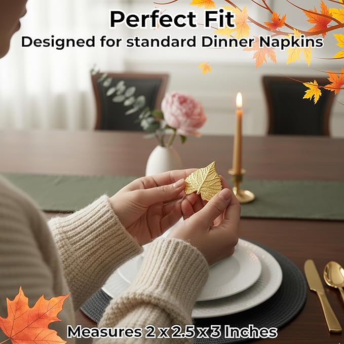 Elegant Handcrafted Leaf Napkin Rings - Set of 12 Premium Aluminum Holders for Dinner Parties, Weddings, Special Occasions & Everyday Dining (Gold) - CLEENTABLE