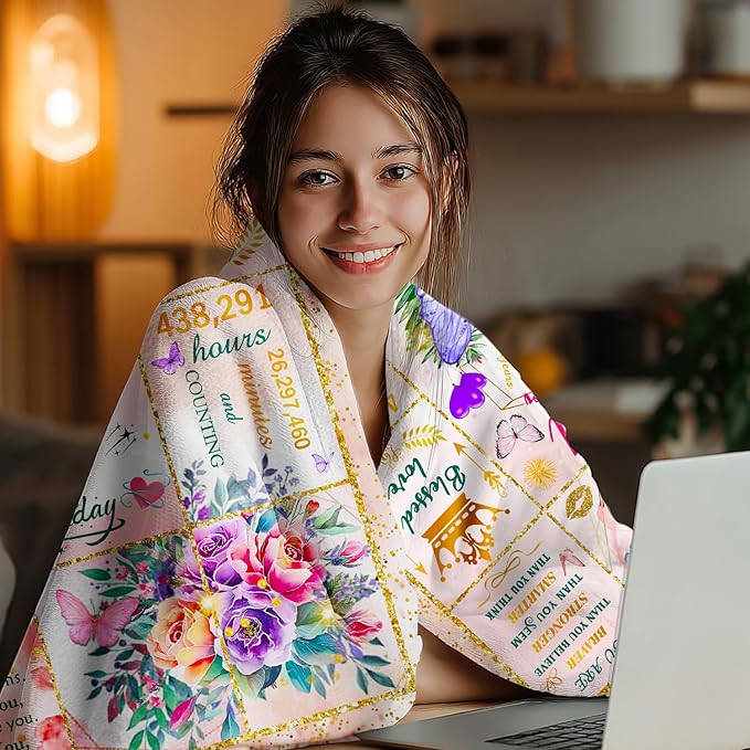 50th Birthday Gifts for Her Women, 50 Year Old Gifts for Women, Soft Purple Butterfly Flower Blanket for Anniversary Christmas, 50th Birthday Decorations for Woman, Warm Plush Fuzzy Blanket 80"X60"