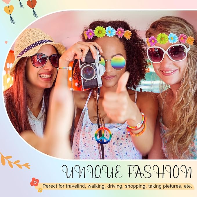 Batiyeer 6 Pcs Hippie Costume Accessories Set, Boho Peace Sign Daisy Flower 60s 70s Party Favors Decor for Groovy Party Women(Rainbow)