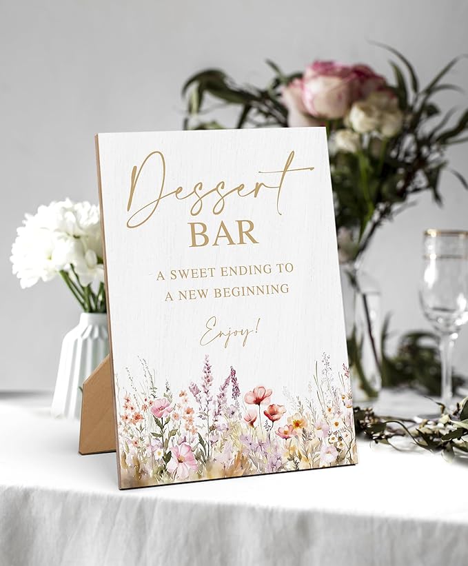 Floral Wedding Dessert Bar Sign, Wedding Reception Table Decorations, Reception Table Wooden Sign with Back Stand for Bridal Shower Parties, Engagement Night Accessories, Anniversary Party, 6