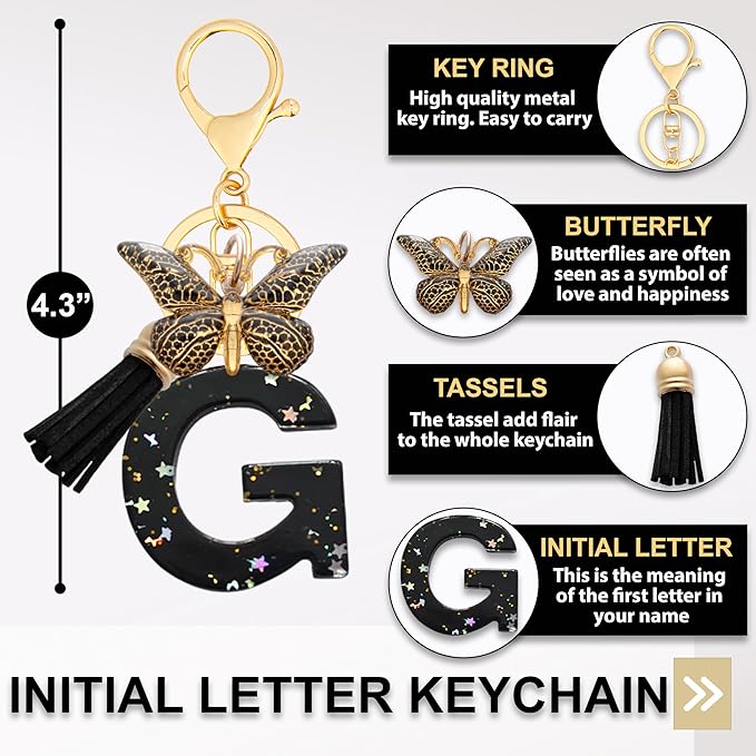 Initial Letter Keychain, Butterfly Keychain Cute Resin, Initial Keychain Backpack Charms, Key chain for Women, Girls