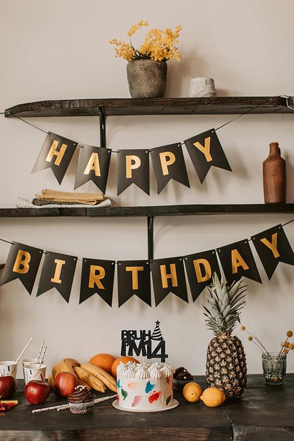 Bruh I’m 14 Cake Topper - Glitter Black 14th Birthday Cake Decorations, 14 Years Old Birthday Cake Smash Decor (14)
