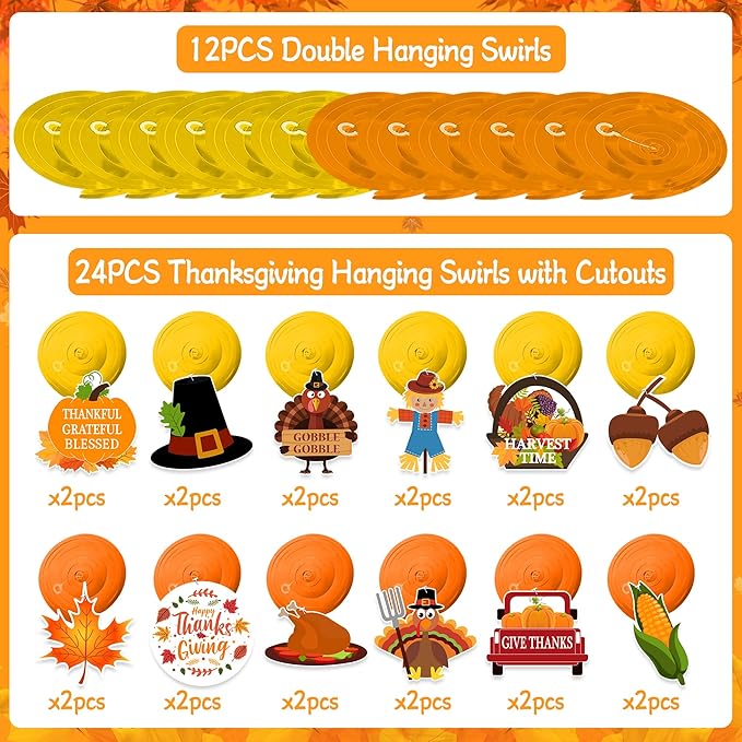 Thanksgiving Decorations Hanging Swirl - 36Pcs Thanksgiving Hanging Ceiling Streamers - Turkey Corns Pumpkin Maple Leaves Swirls for Home Indoor Outdoor Party Office Decor Supplies (NO DIY Required)
