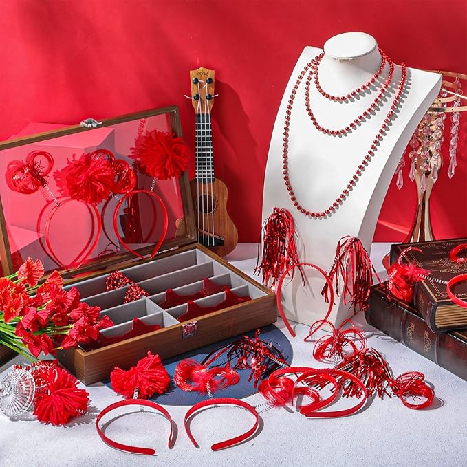 50 Pcs Red Holiday Team Spirit Party Accessories Pom Pom Party Headbands Star Shape Sunglasses Bead Necklaces Stuff Favors for Birthday Wedding Supplies(Classic)