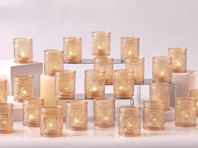 DEVI 48 Pcs Gold Votive Candle Holders Bluk, Gold Wedding Decorations, Glass Candle Holder for Tea Lights, Wedding Party Diwali Centerpieces for Table, Birthday Party Supplies