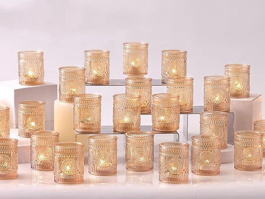 DEVI 48 Pcs Gold Votive Candle Holders Bluk, Gold Wedding Decorations, Glass Candle Holder for Tea Lights, Wedding Party Diwali Centerpieces for Table, Birthday Party Supplies