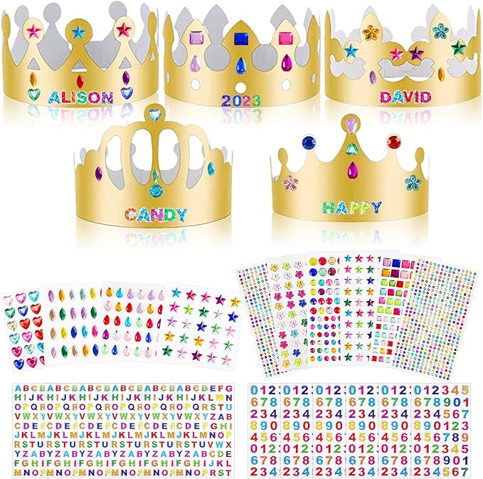ZYNERY 47 PCS Golden Birthday Crowns with DIY Stickers Kit Paper Crown Party Hats for Kids Classroom School,Prince Princess Birth Decor Gift