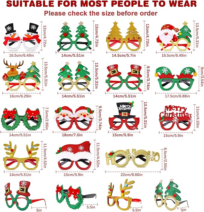 15 Pcs Christmas Glasses Frame Glitter, Costume Eyeglasses Frames Photo Booth Supplies, Xmas Photo Props Eyewears Party Favors Supplies for CHristmas Dinner Picnics Holidays
