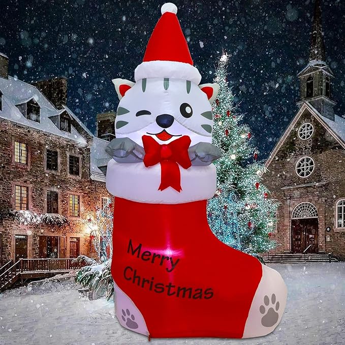 Juegoal 5 FT Christmas Inflatables Outdoor Decorations, Inflatable Kitten in Xmas Stocking, Lighted Blow Up Cat Standing on Christmas Socks with Built in Lights for Holiday Lawn Yard Garden Decor