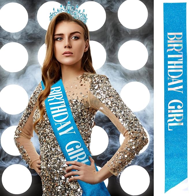 Velscrun Blue Crystal Birthday Tiara Crowns for Women Girls Elegant Princess Crown with Combs Birthday Girl Headband Sash Happy Birth Party Decorations Birth Gift Cake Topper Hair Accessories