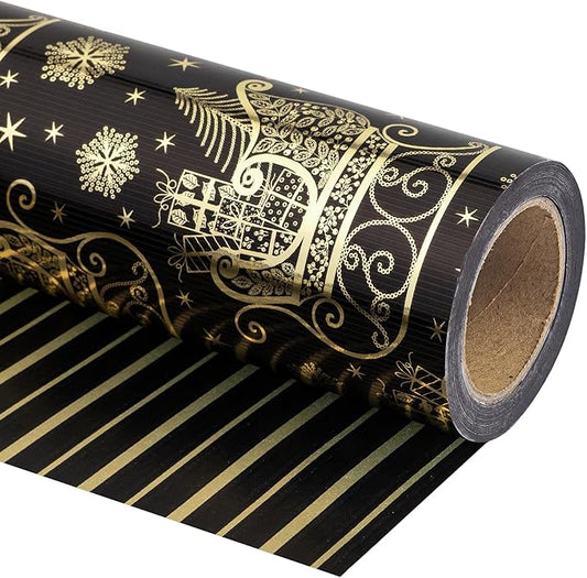 WRAPAHOLIC 30 Inch Jumbo Reversible Black and Gold Christmas Wrapping Paper - 30 Inch x 100 Feet Jumbo Roll Black Gold Sleigh and Stripe Wrapping Paper with Metallic Foil for Christmas, Holiday, Party