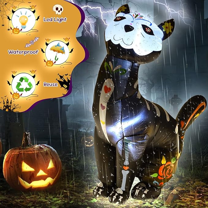 4FT Halloween Skeleton Cat Inflatable Decoration Spooky Blow Up Yard Decor with LED Lights Party Indoor Outdoor Holiday Yard Graden Decoration