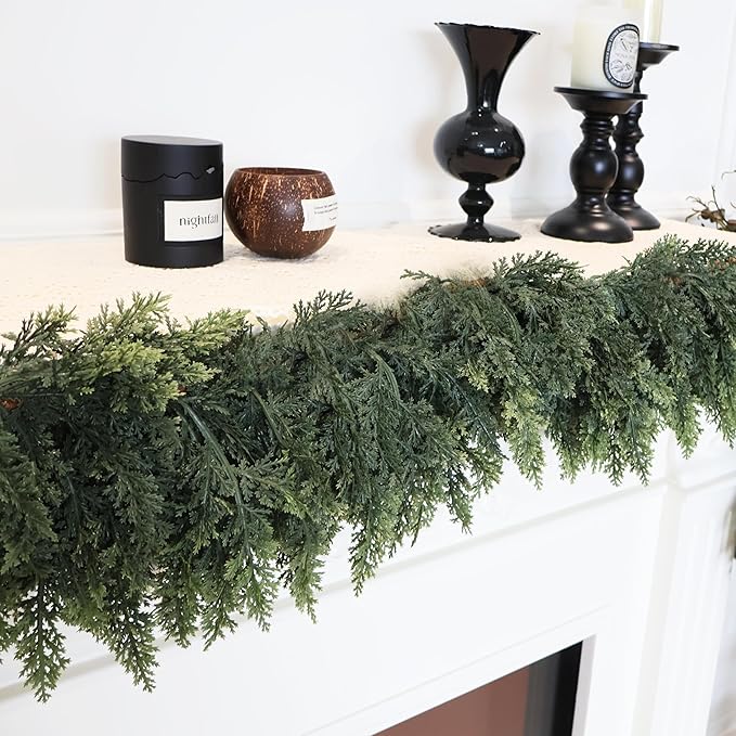 9FT Artificial Cedar Garland for Christmas Decoration - Realistic Winter Greenery Garland for Mantel, Fireplace, Table, Door, Holiday Indoor Outdoor Decor