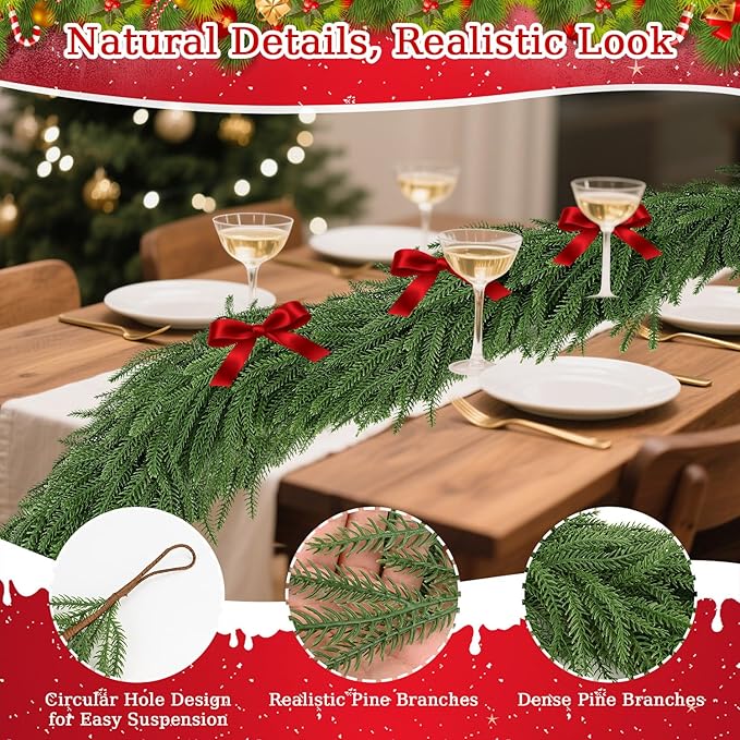 9 Ft Norfolk Pine Garlands,Artificial Christmas Real Touch Greenery Garland Realistic Faux for Mantle,Table,Sairs,Wall, Indoor,Outdoor Holiday Christmas Decorations Xmas-Green