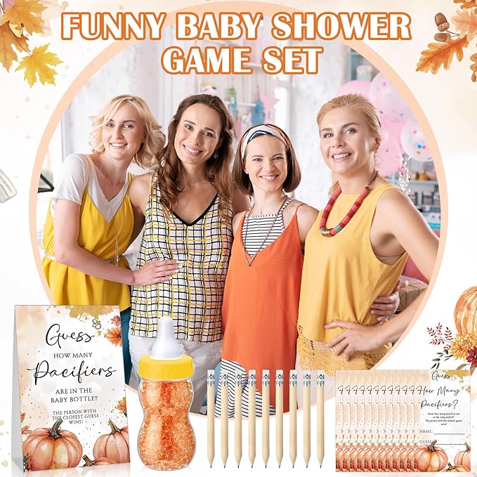 Roowest 512 Pcs Baby Shower Games Guess How Many Pacifiers Sign 100 Small Guessing Games 10 HB Pencils 750ml Milk Bottle 400 Acrylic Pacifiers Decoration for Guest Gender Reveal(Pink,Pumpkin)