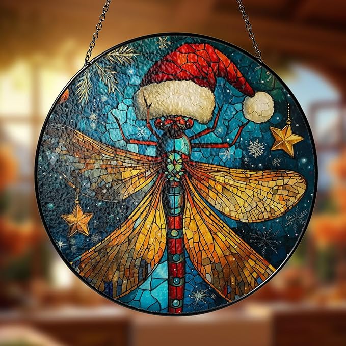 Damselfly Dragonfly Stained Glass Window Hanging Decor - Damselfly Dragonfly Christmas Hanging Ornament - Damselfly Dragonfly Christmas Decor - Wall Decor for Indoor Outdoor - Xmas Gift for Home Decor