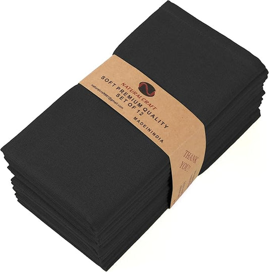 Cloth Napkins Set of 12, 18x18 Inches Napkins Cloth Washable, Soft, Durable, Absorbent, Cotton Blend. Table Dinner Napkins Cloth for Hotel, Lunch, Restaurant, Weddings, Events, Parties Easter - Black