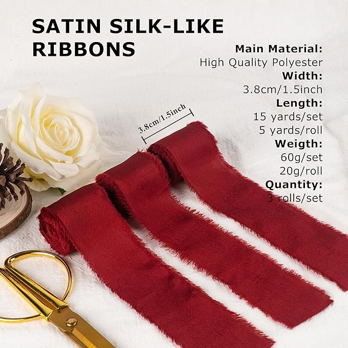 Satin Silk Ribbon, Red Christmas Ribbon for Wrapping, 1-1/2 inch x 15 Yd Handmade Frayed Fringe Ribbons, for Christmas Tree Holiday Birthday Valentine's Day Showers Crafts Bouquet, 3 Rolls