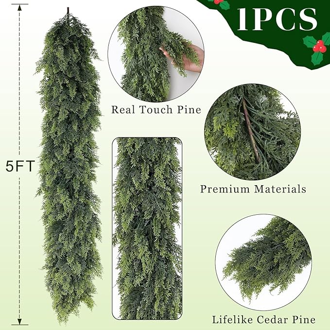 Real Touch Christmas Cedar Garland -5ft Artificial Garlands Faux Cedar Fake Pine Needles Garland for Fireplace,Table,Window,Stairs,Mante,Holiday Indoor Outdoor Xmas Decor(1PCS)