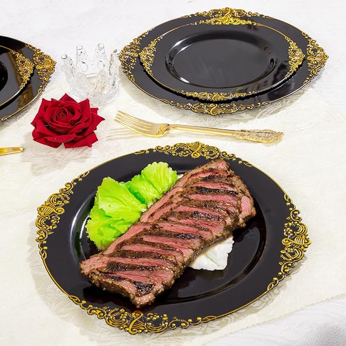 125PCS Black and Gold Plastic Plates - Black Disposable Dinnerware Set - Vintage Plastic Plates with Gold Silverware for 25 Guests for Wedding Party Halloween