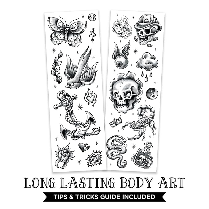 Savvi - 20 Black and Gray Temporary Tattoos: Skin-Safe Ink, Great for Parties and Everyday Wear, Gifts for Teens and Adults, Made in the USA [2 sheets, 20 count]