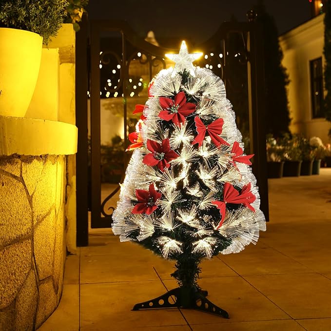 Joyhalo 3 FT Fiber Optic Mini Christmas Tree, Pre Lit Christmas Tree, Table Top Small Christmas Trees with Star Tree Topper，Flowers, Bows, Metal Stand