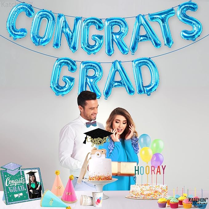 KatchOn, Large Blue Congrats Grad Balloons - 16 Inch | Congrats Grad Balloon Banner For Graduation Decorations 2025 | Foil Balloon Banner For 2025 Graduation Party Decorations