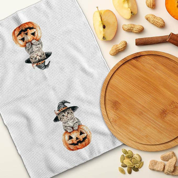 TNUW Halloween Witchy Cat Pumpkin Kitchen Towels 16x24 Inch, Cat Mom Lovers Gifts Dish Tea Towels for Kitchen, Halloween Witch Kitten Spooky Pumpkin Decorative Hand Towel for Bathroom Decor Catpumpkin