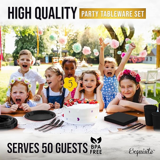 Party Solids 350 Pieces Black Plastic Plates For Party, Black Disposable Plates Set, 50 Of Each 9" Dinner Plate Set, 7" Dessert Plate, Cups, Napkins & Cutlery Plastic Dinnerware