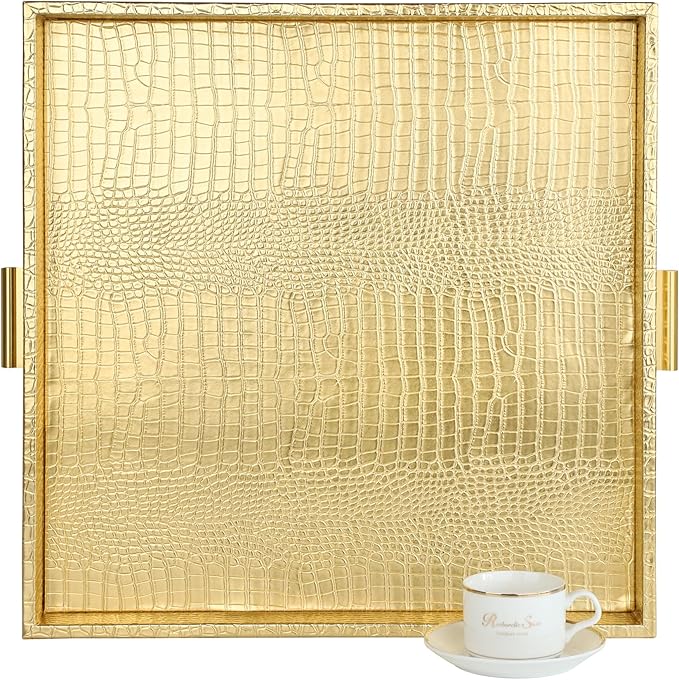 HofferRuffer Elegant Decorative Serving Tray, 20"x20" Square Faux Leather Ottoman Tray with Gold Hardware Handles, Coffee Table Serve Tea, Coffee or Breakfast (Gold, Square-20 inch)